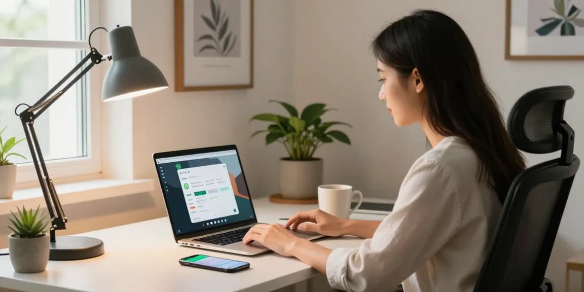 Engaged professional using WhatsApp電腦版 in a modern home office.