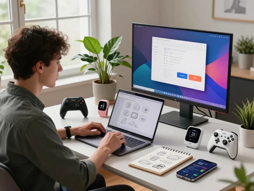 Innovative tech gadgets displayed in a modern home office setting with a professional using a laptop.