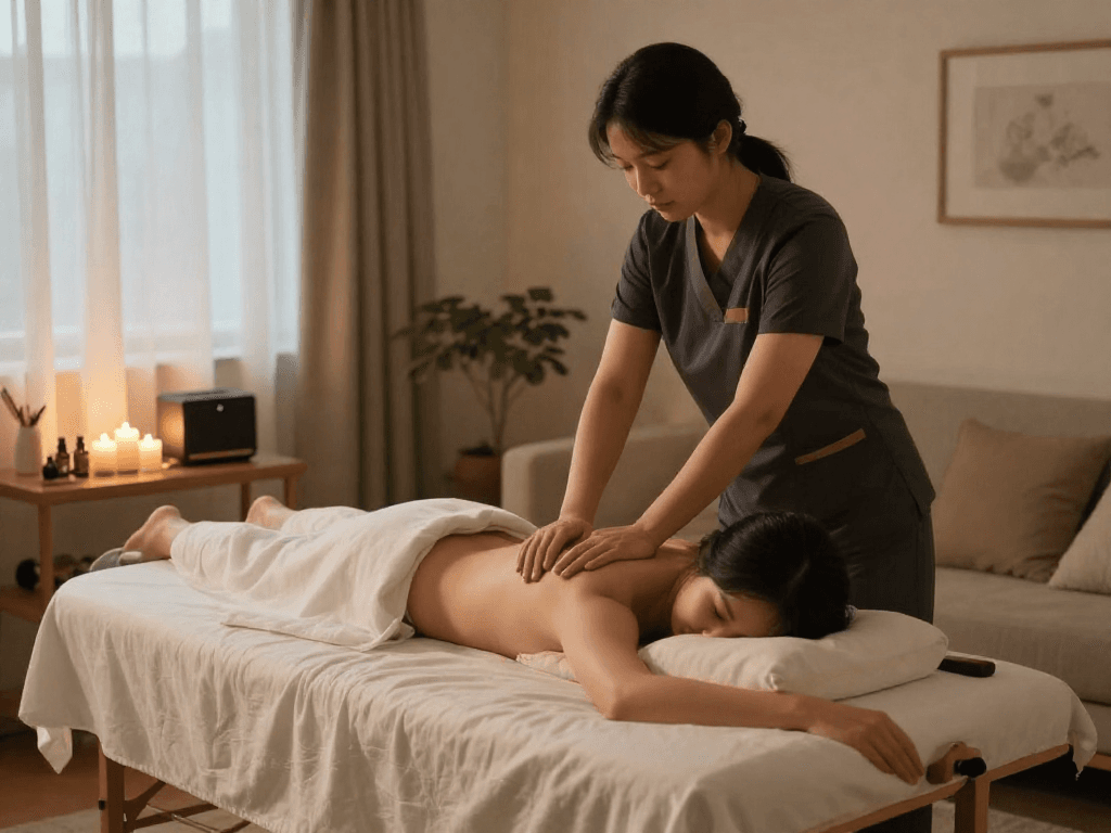 신촌출장안마 service in a calming, cozy home setting with a professional therapist providing a soothing massage.