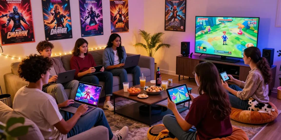 Exciting gaming setup featuring friends playing free hentai games on various devices in a vibrant and cozy living room.