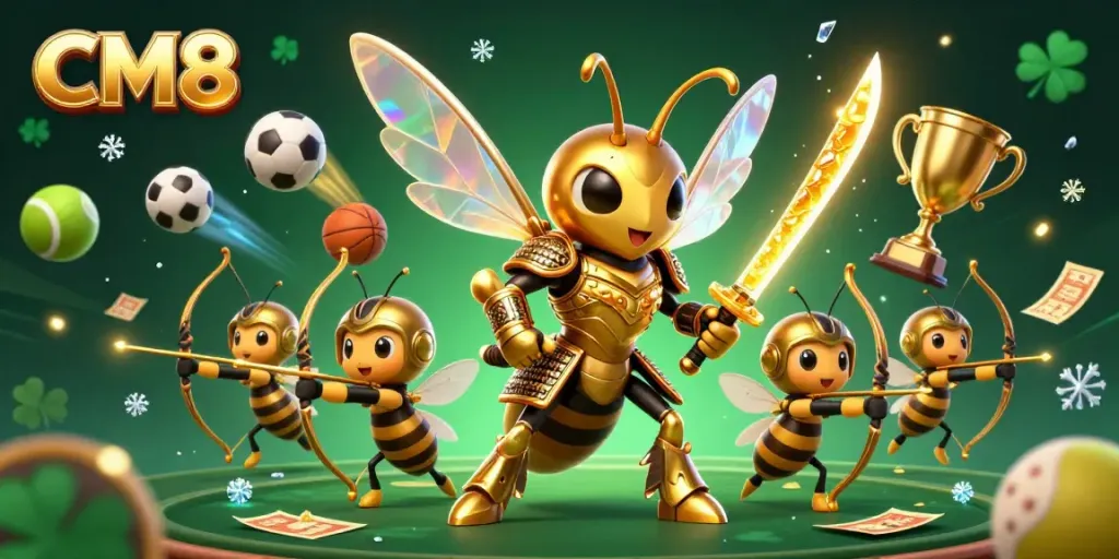 Engage in exciting CM8 casino adventures with a golden hornet and bee archers in a dynamic 3D scene.