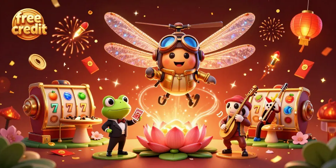 Experience free credit offers while engaging in a vibrant casino scene featuring unique characters and festive elements.