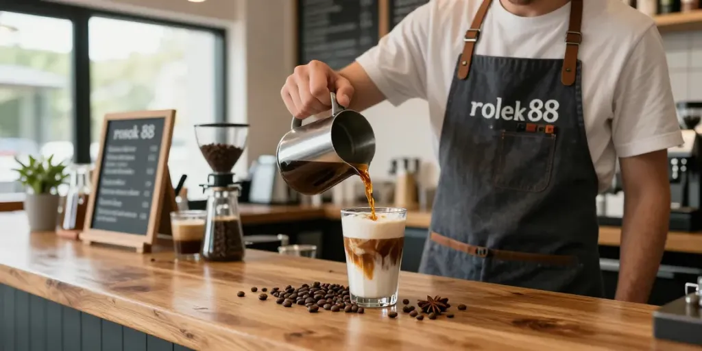 Barista preparing a handcrafted rokok 88 beverage in a modern cafe