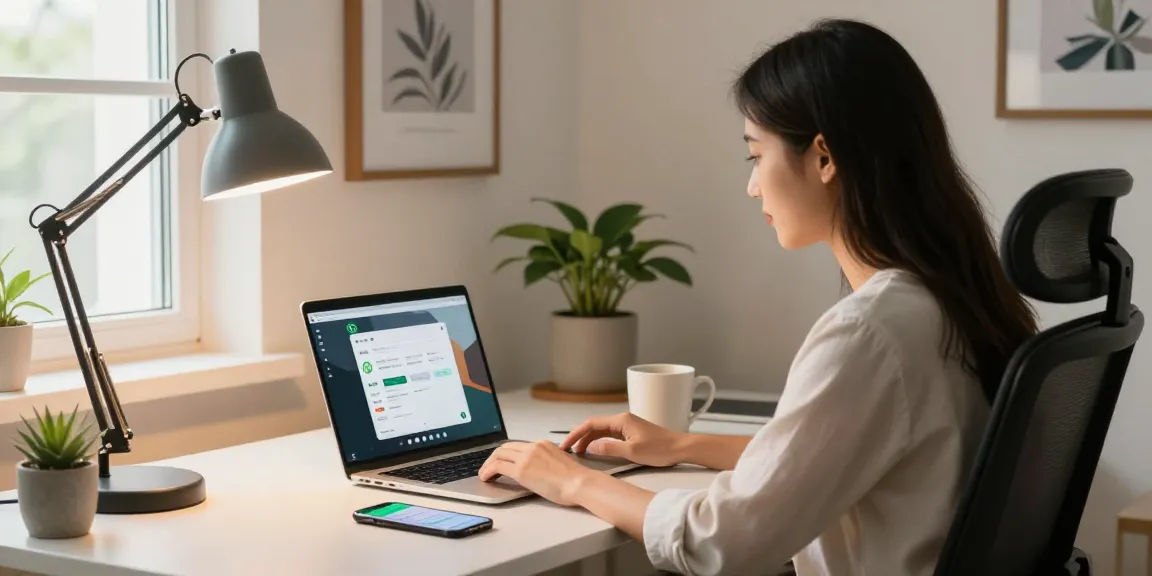 Engaged professional using WhatsApp電腦版 in a modern home office.