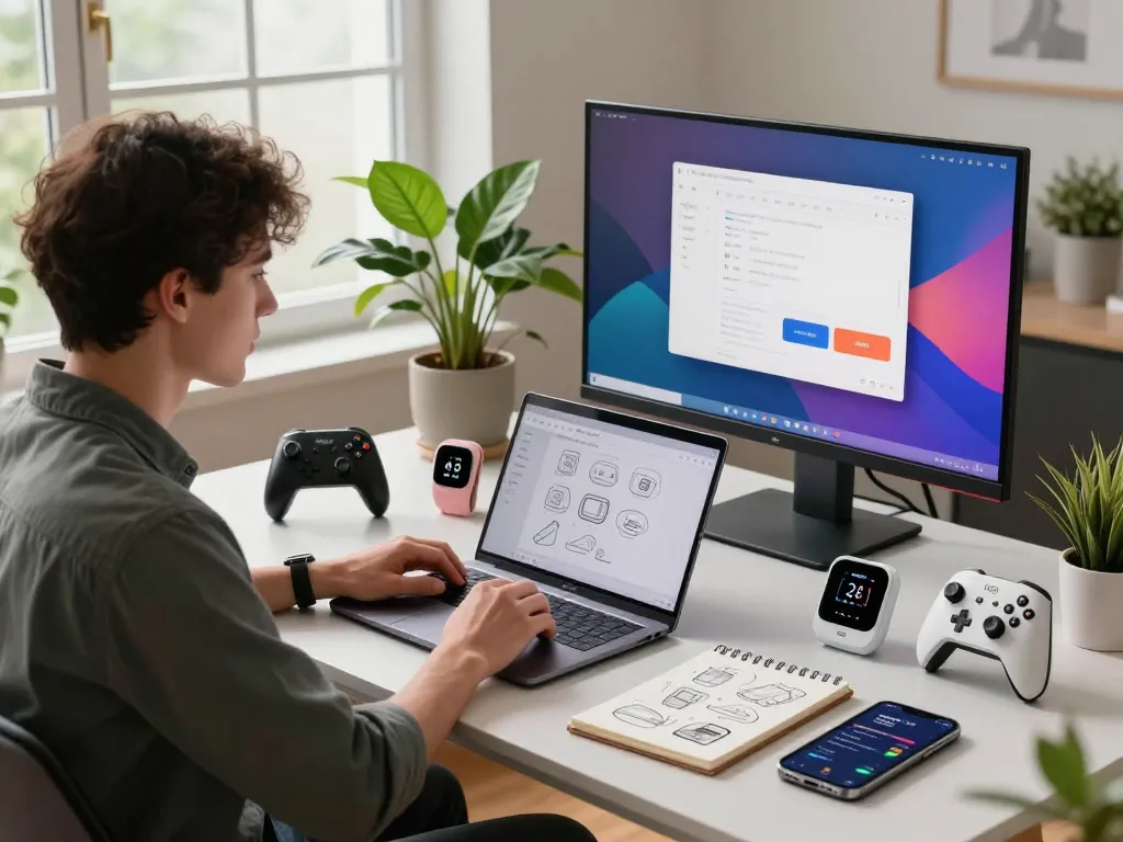 Innovative tech gadgets displayed in a modern home office setting with a professional using a laptop.