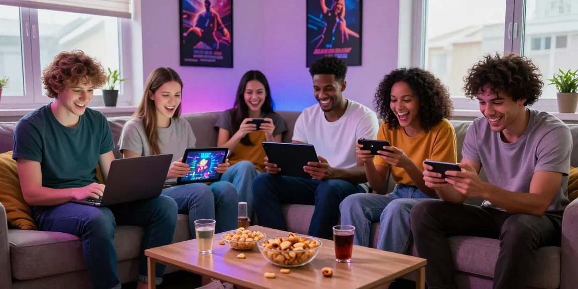 Friends enjoying a lively evening playing porno games together on various devices in a cozy setting.