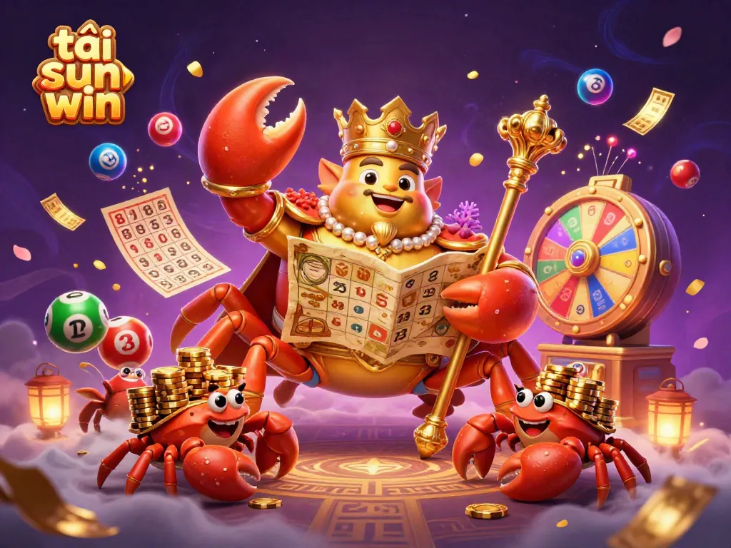 Experience the excitement of tải sun win with vibrant scenes featuring a golden crab emperor and dynamic lottery elements.