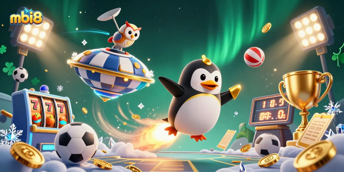 Experience the thrilling action at mbi8 with a dynamic casino scene featuring a golden penguin and slots.