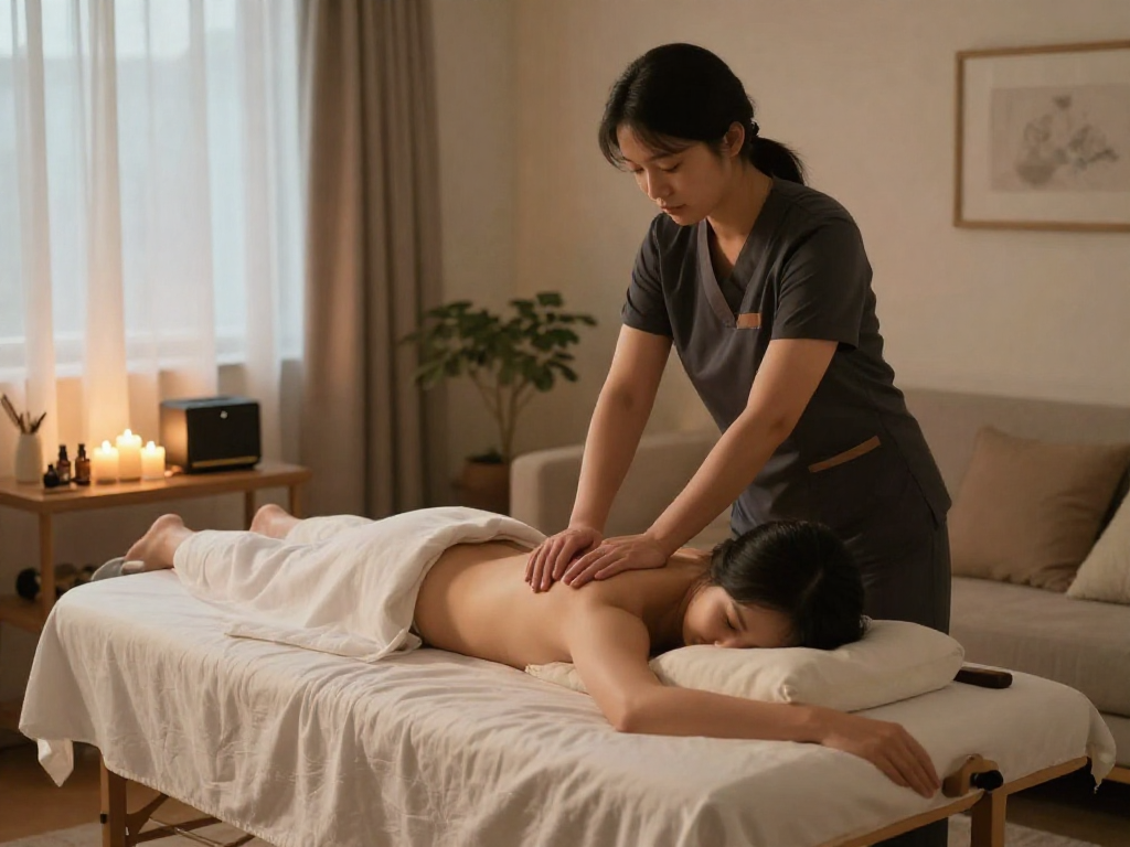 신촌출장안마 service in a calming, cozy home setting with a professional therapist providing a soothing massage.