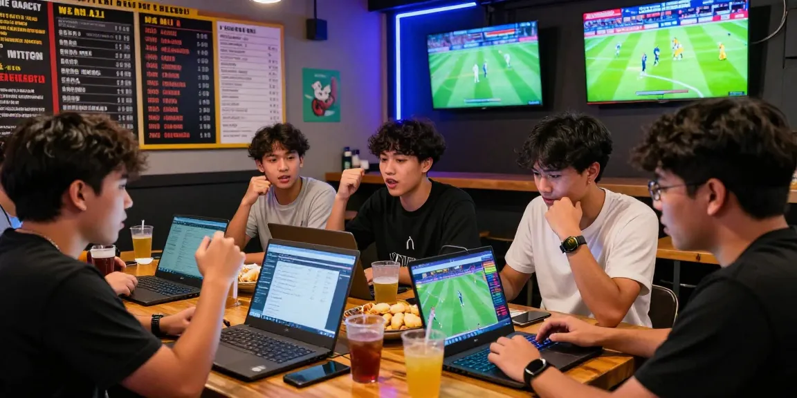 Football Betting Malaysia social scene with young adults engaged in lively discussions about betting strategies in a sports bar.