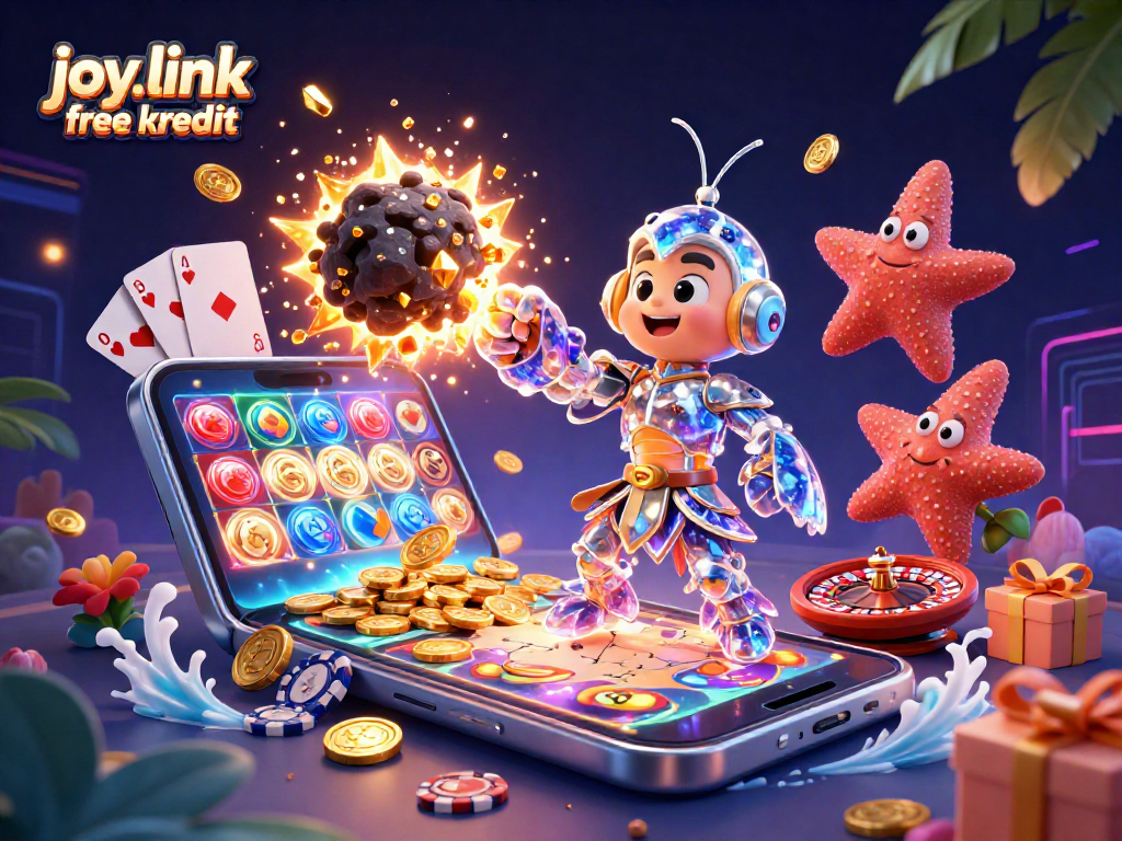 Spin to win with joy.link free kredit in vibrant casino-themed 3D artwork featuring samurai mantis shrimp.