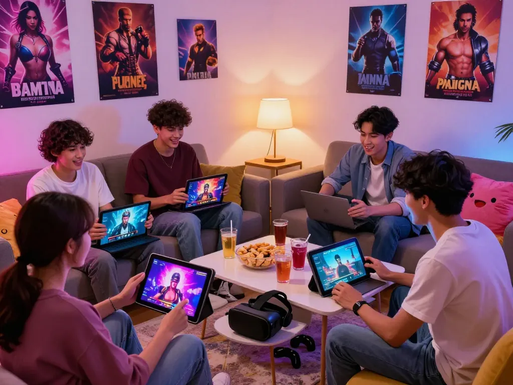Group of friends playing a porno game in a cozy living room with vibrant visuals and gaming devices.