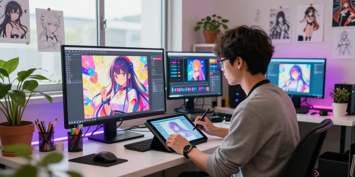 AI ecchi artist creating vibrant digital illustrations in a colorful studio