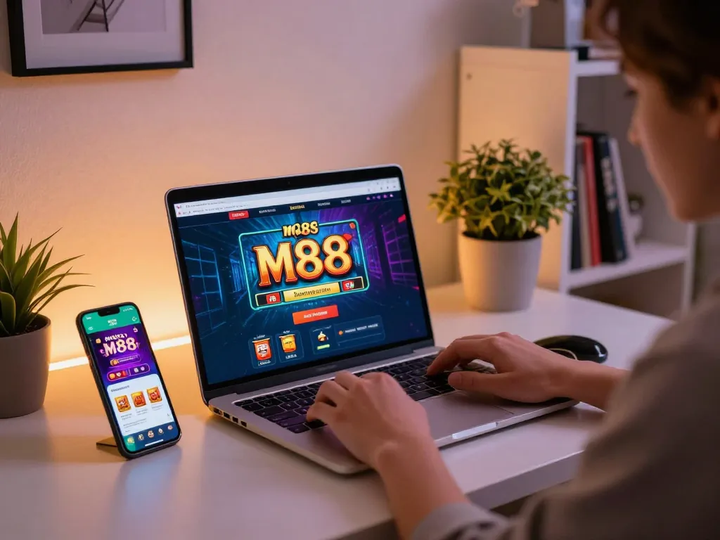 Engaging m88 slot login experience on a laptop with ambient home environment