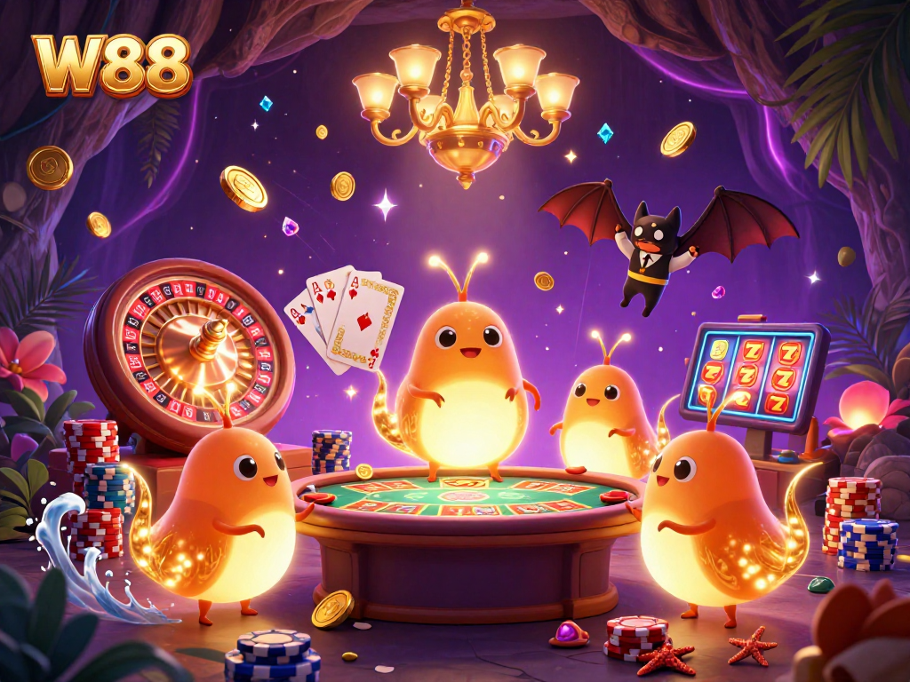 Experience W88 casino thrills with glowworms lighting a cave, showcasing vibrant slots and games.