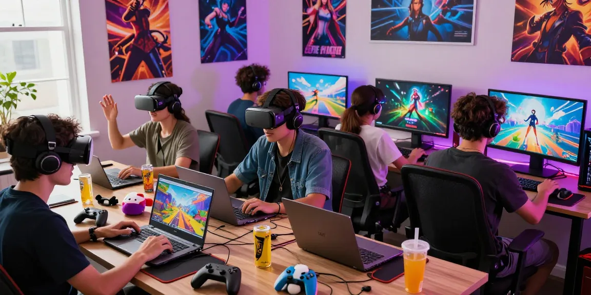 Players engaging with an ecchi simulator in a lively gaming setup with colorful decor and modern technology.