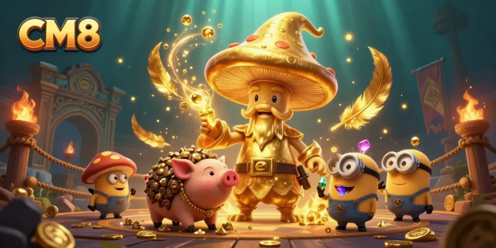 Experience the magic of CM8 with an enchanting gaming scene featuring golden characters and casino elements.