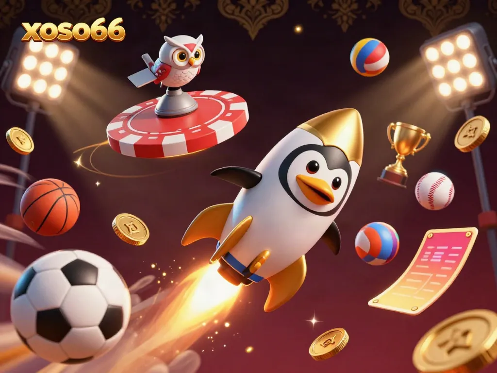 Experience thrilling gameplay with xoso66 in a dynamic 3D casino adventure featuring a penguin and vibrant sports elements.