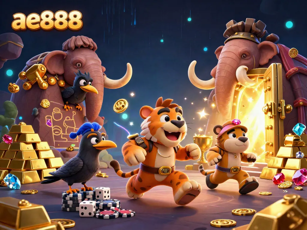 Experience the thrill of ae888 with caveman characters in a vibrant prehistoric casino scene.