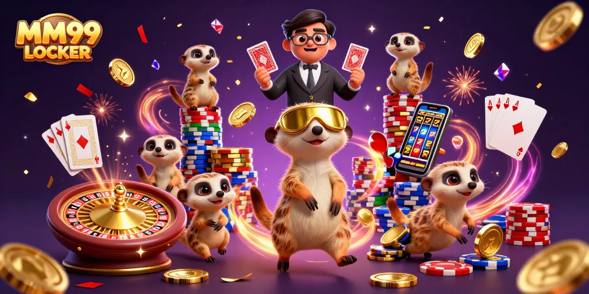 Experience the thrill of MM99 LOCKER with animated meerkats in a lively casino scene featuring dynamic game elements.