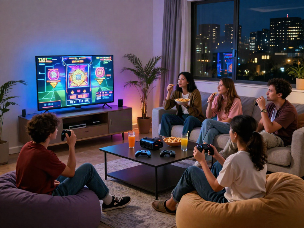Exciting slot gacor malam ini gaming session with friends in a cozy living room.