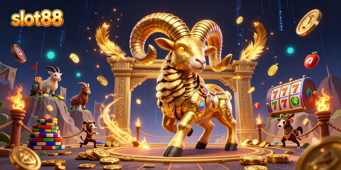 Engage in the excitement of slot88 with a vibrant illustration of a golden ram and casino elements.
