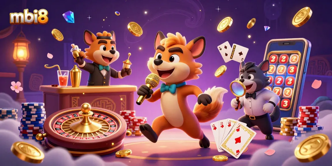 Engage with mbi8's lively casino atmosphere featuring hyenas, slot reels, and vibrant gaming elements.