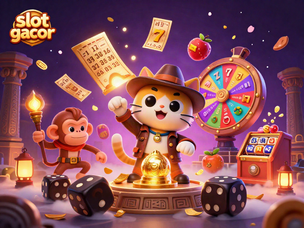 Experience the thrill of slot gacor with an adventurous cat in a vibrant casino scene.