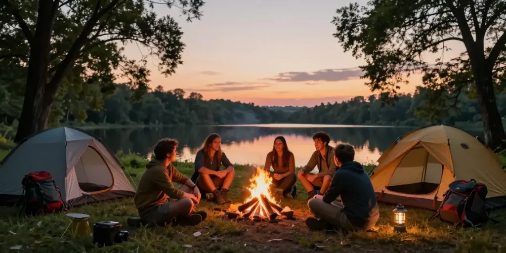 Camping gear and adventurers around a campfire at https://www.anniescollections.com