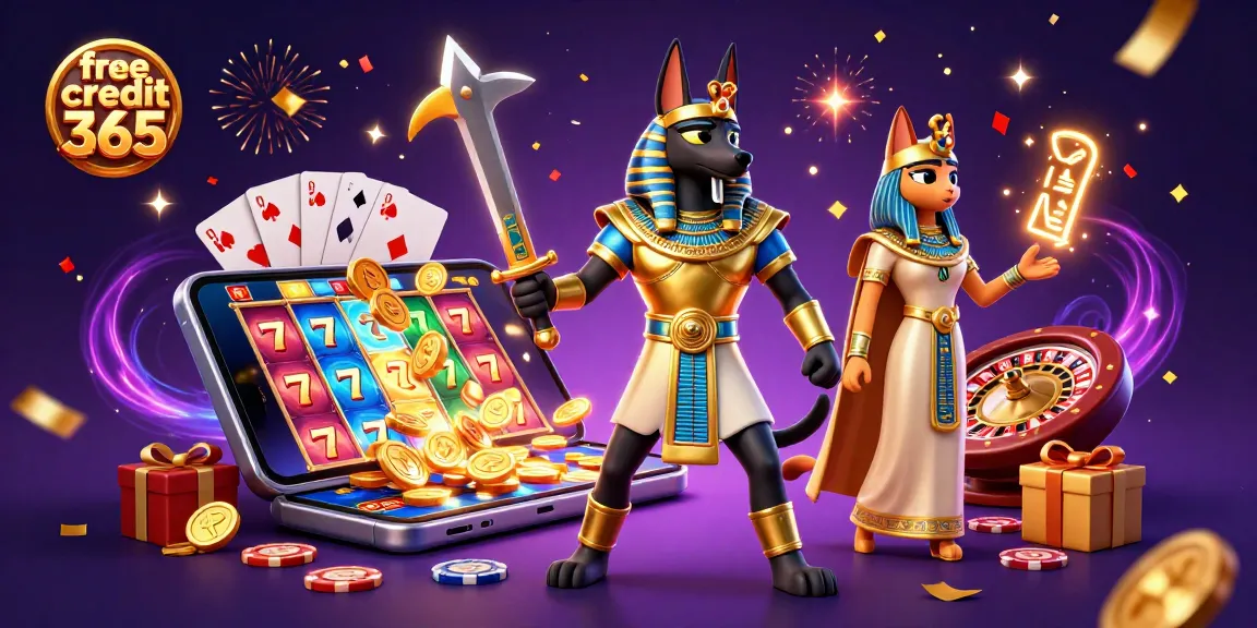Experience the thrill of the casino with free credit 365 as Anubis and Bastet celebrate with games and gold.