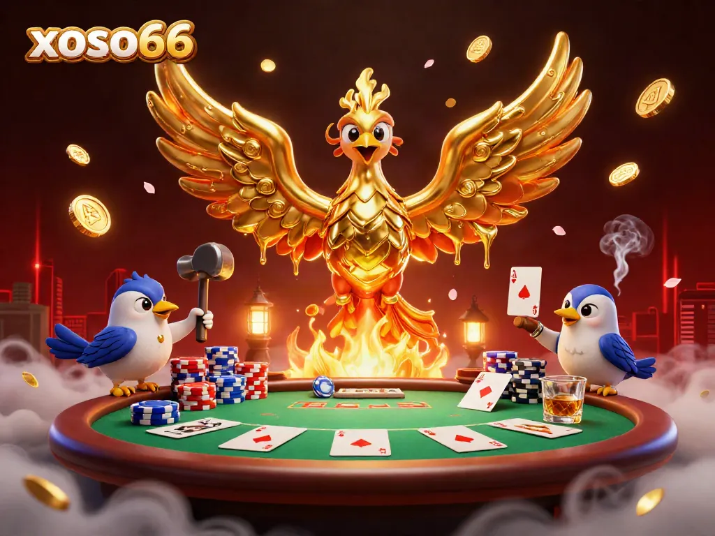 The golden phoenix of xoso66 transforms at a casino forge, with poker chips and cards swirling around.