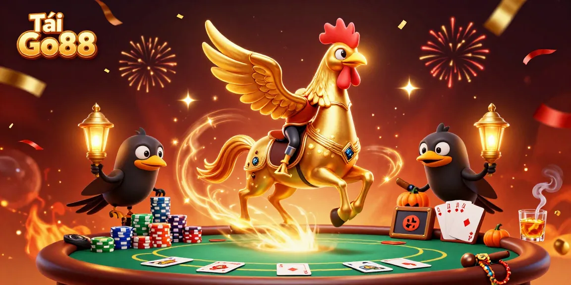 Tải Go88 and enjoy thrilling casino adventures with golden rooster and poker action in a vibrant scene.