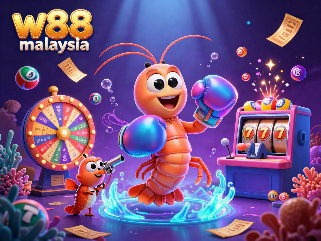 Engage with w88 malaysia's dynamic lottery scene featuring lively characters and vibrant casino elements.
