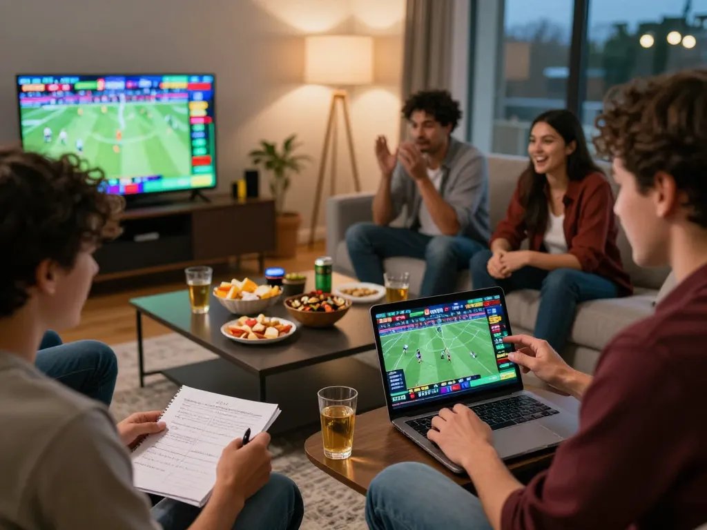 Friends placed bets on CM88 app while enjoying live sports in a modern home.