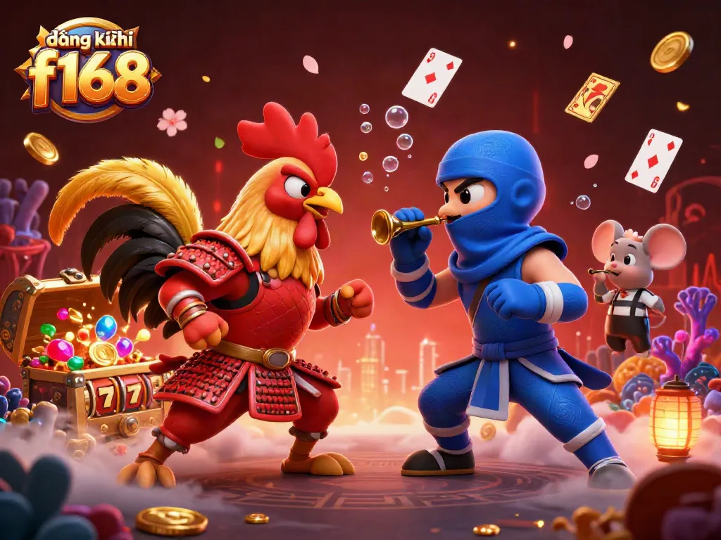 Engaging scene depicting đăng ký f168 with rooster warriors and casino elements in a vibrant illustration.