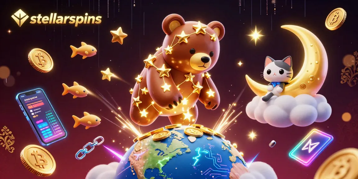 Play with stellarspins in a vibrant, cosmic-inspired crypto casino scene filled with 3D elements.