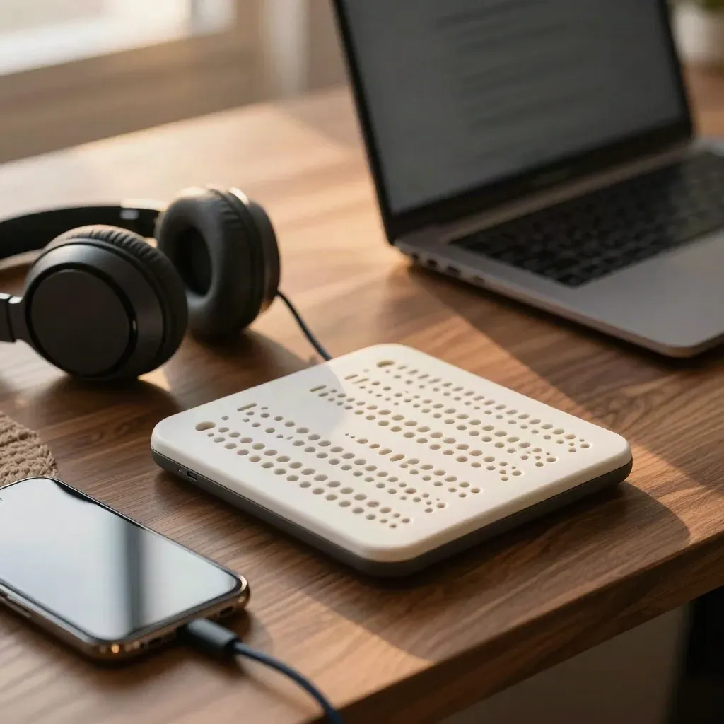 Braille display, fon kepala, telefon dan laptop di meja ujian aksesibiliti, cahaya hangat petang.