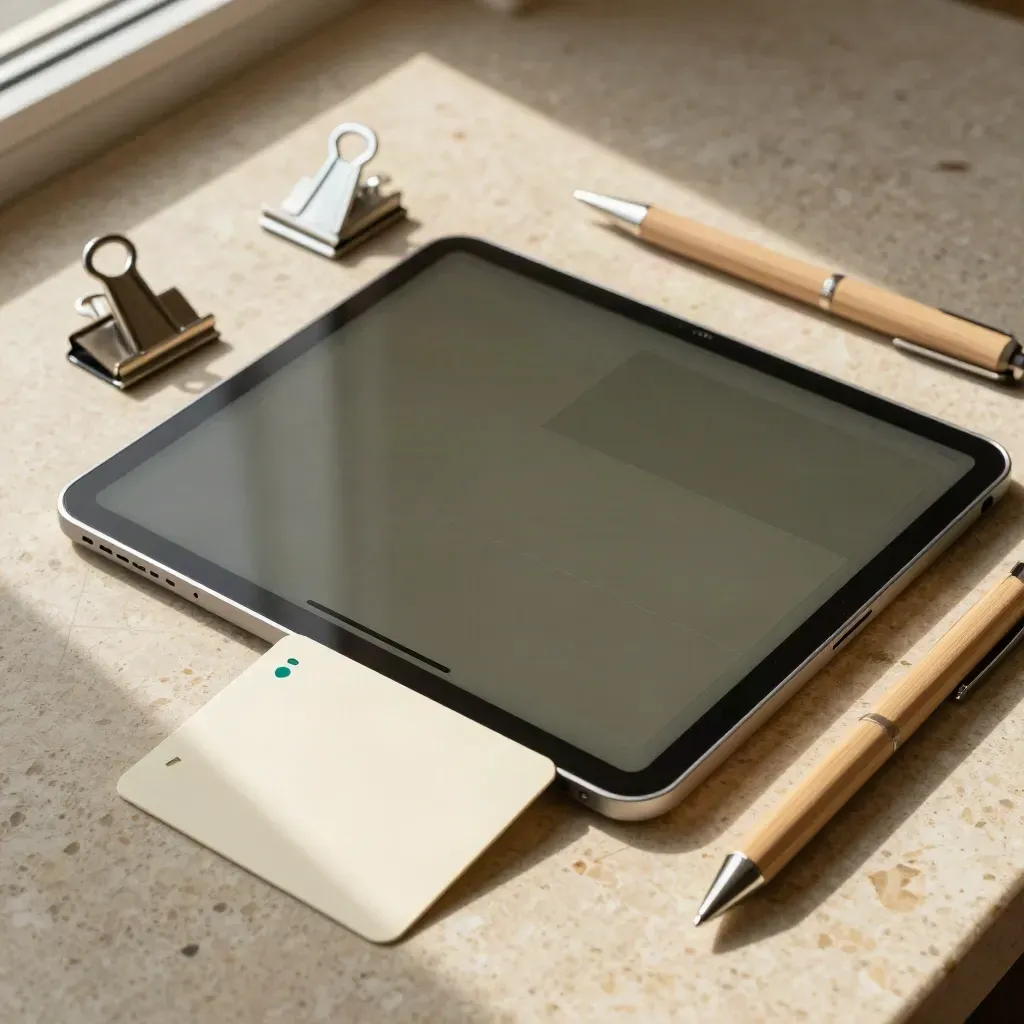Borang tablet, kad berlubang, klip logam dan dulang pen di atas batu travertin cerah.
