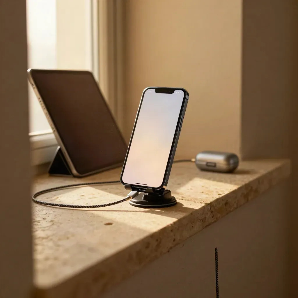 Telefon di atas stand sedutan di tepi lorong, tablet, kabel pengecas dan bekas kecil dalam cahaya petang.