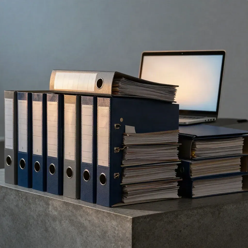 Binder patuh WCAG dan laptop di ruang semakan senja, suasana kemas dan profesional.