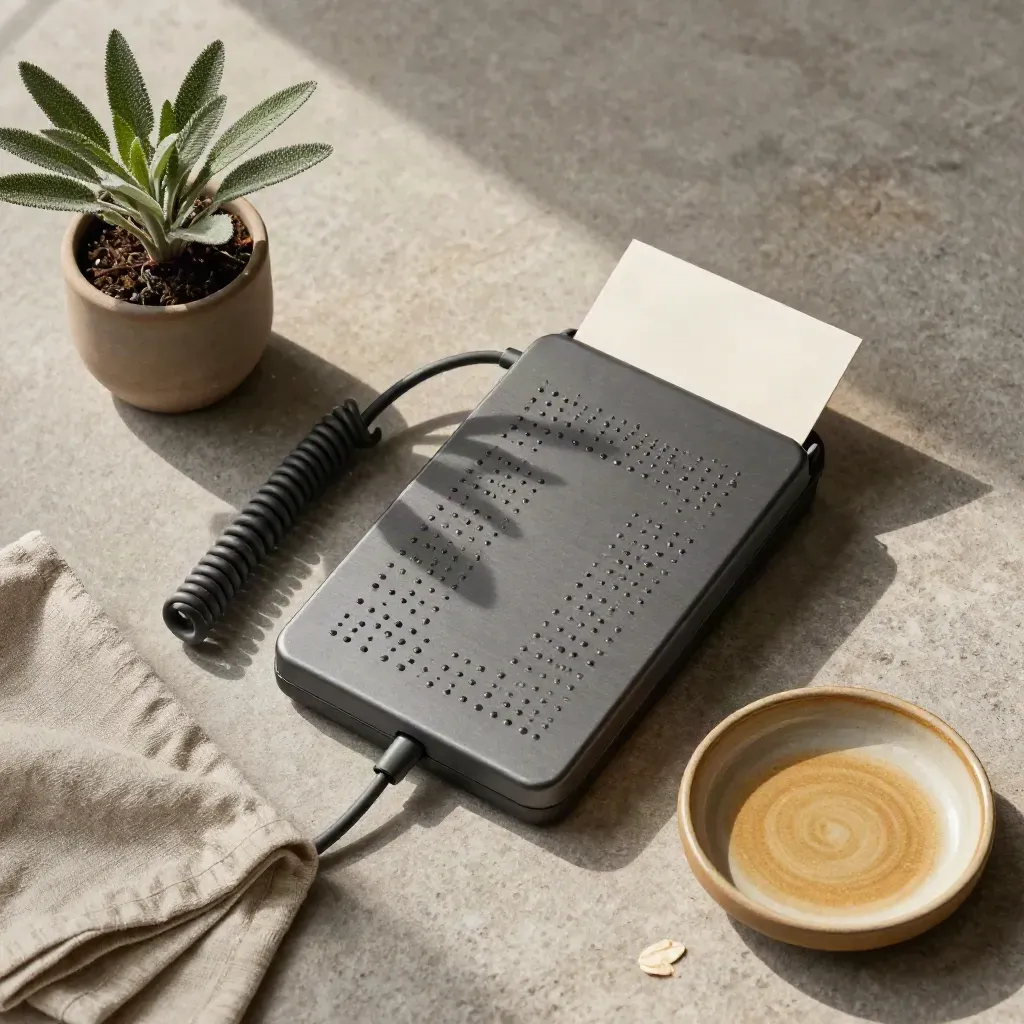 Paparan braille, kabel gulung, pokok kecil, kain linen dan piring seramik atas batu cerah.