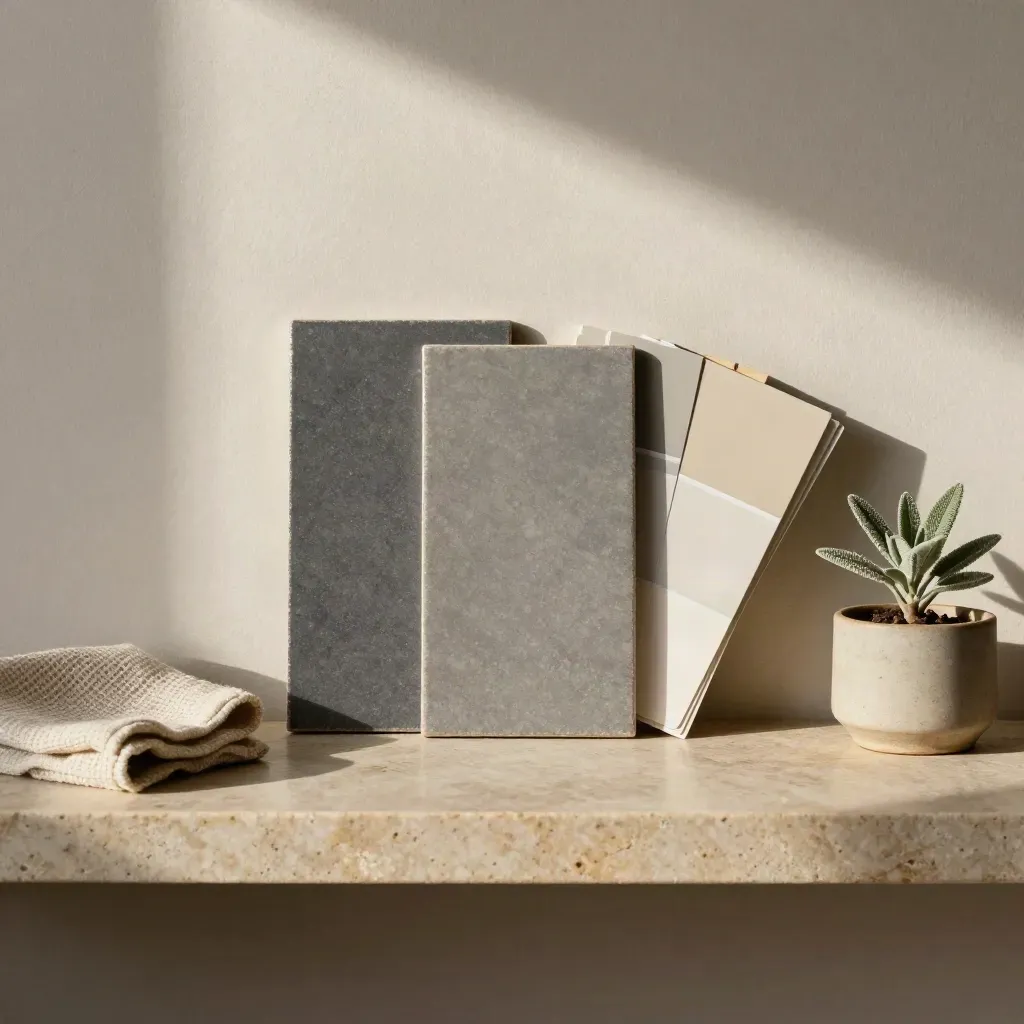 Tile kontras, kipas sampel warna, kain lipat dan pokok kecil di rak batu bercahaya lembut.