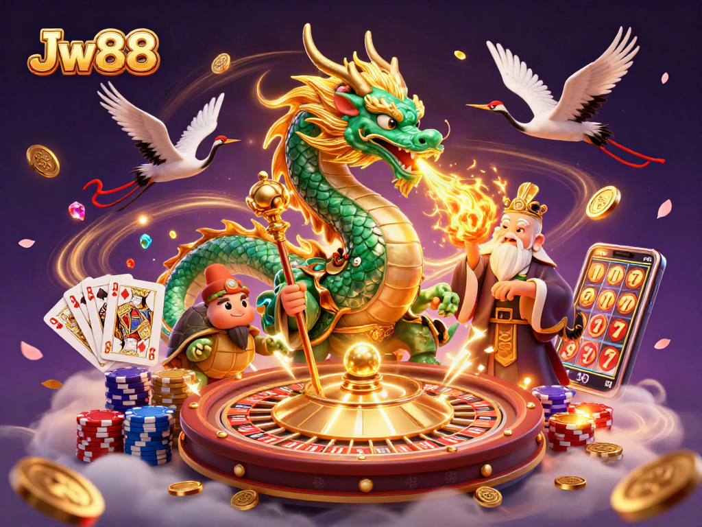 Engage with Jw88's immersive online casino atmosphere featuring vibrant colorful characters and dynamic gaming elements.
