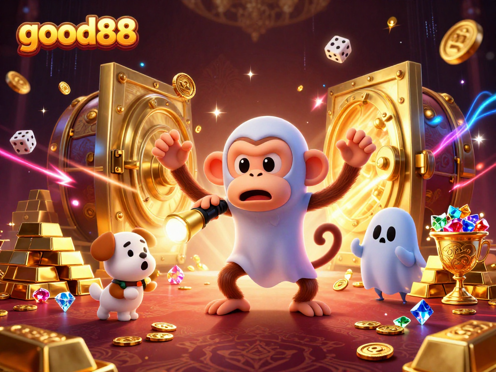 Experience thrilling jackpot moments with good88 and a ghostly monkey juggling golden treasures in a lively casino.