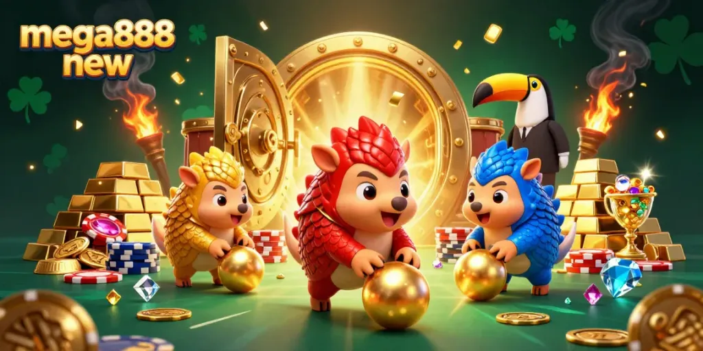 Play mega888 new with cartoon pangolins bowling through poker chips in a vivid casino scene.