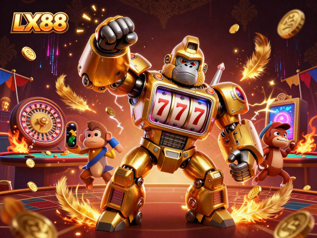 Engage with the exciting world of LX88 casino gaming, featuring a vibrant golden gorilla mech amidst lively betting elements.