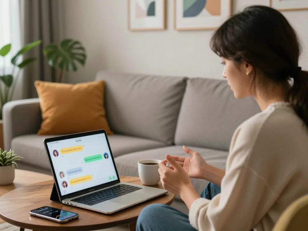 Engaging in AI sex chat from a cozy living room with a chatbot interface.