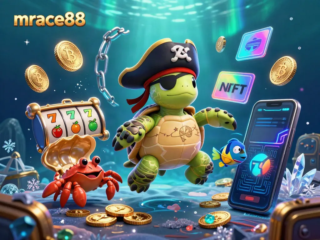 Engage in the adventures of mrace88 with a vivid 3D scene showcasing colorful slots and friendly sea creatures.