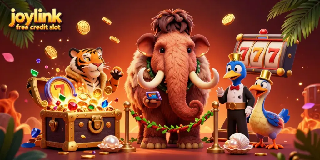 Experience thrilling spins with joylink free credit slot in a vibrant 3D casino scene.