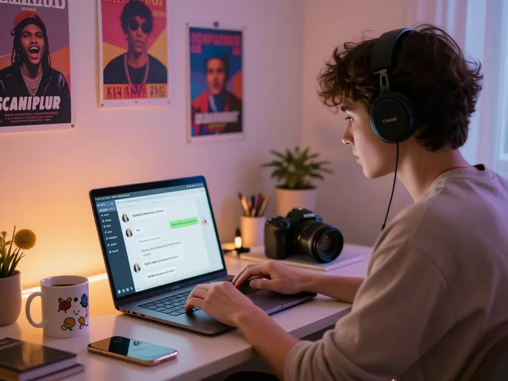 Engaging ai chat nsfw conversation on a laptop in a cozy home workspace.